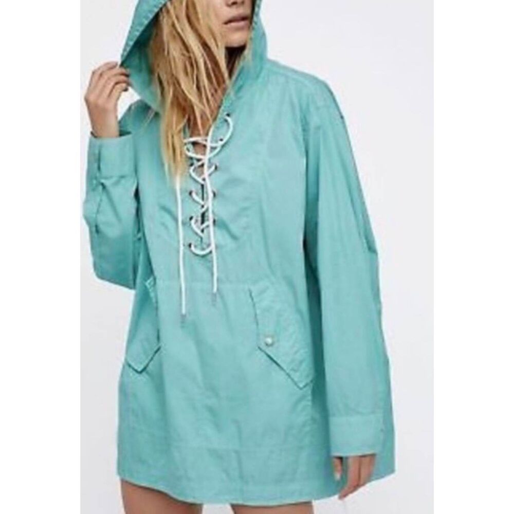 FREE PEOPLE FP Sky Parachute Parka Jacket Poplin Hood Anorak Aqua M/L Outdoor